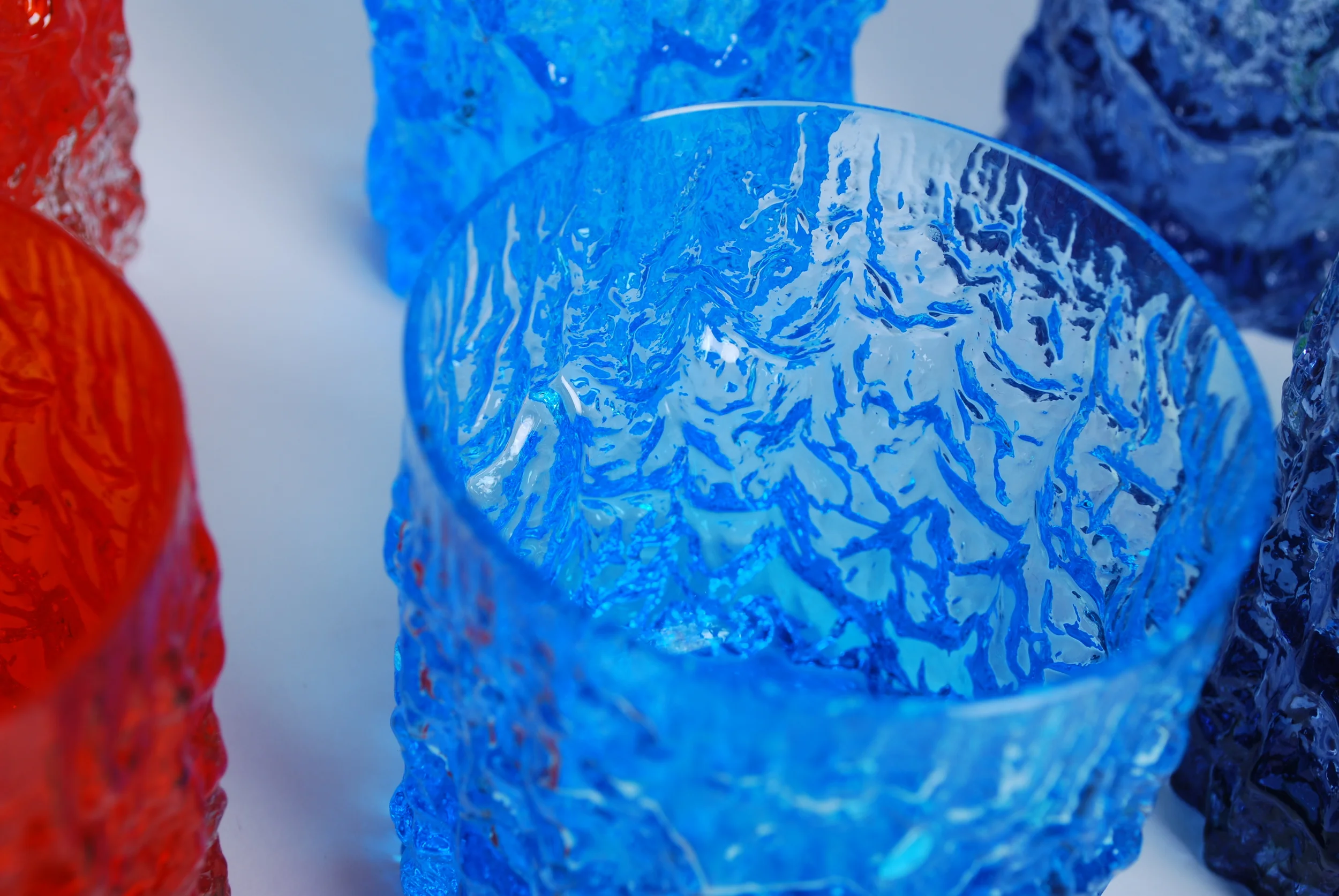 Whitefriars set colorful glass 'Textured Bark' by Geoffrey Baxter